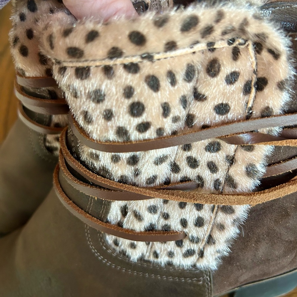 Leopard Faux Fur Wrap Tie Ankle Boots Chunky Heel Boho Festival Chic Size 8 - Picture 5 of 10